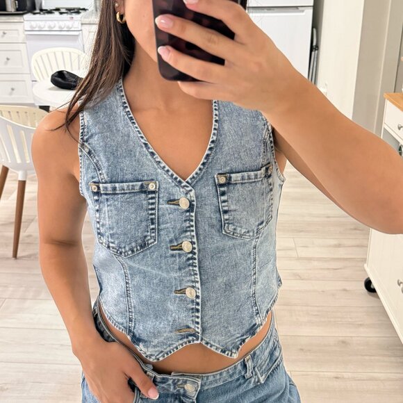 Denim Button Up Halter Top - Picture 1 of 4